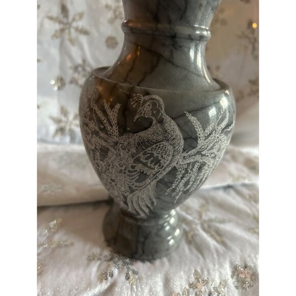 Handcrafted Gray Marble Vase With Intricate Silver Peacock Design - Picture 3 of 9